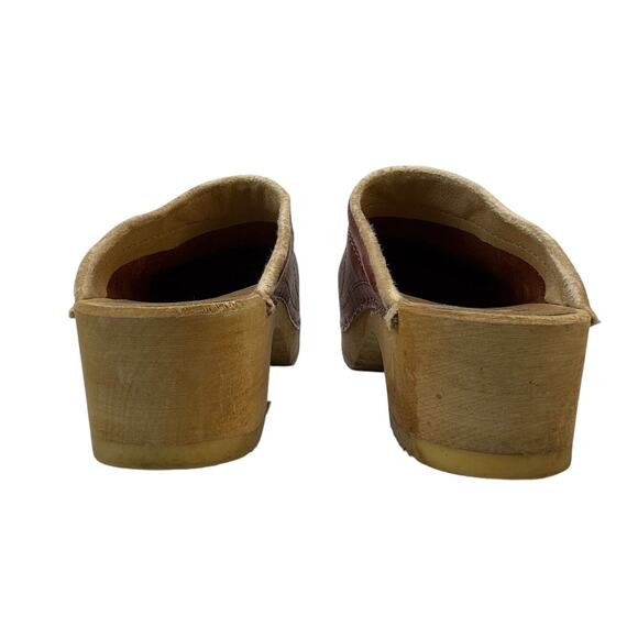 Olaf Daughters Vintage 70s Rusty Brown Leather Swedish Wooden Clogs Size 37 - Picture 8 of 9